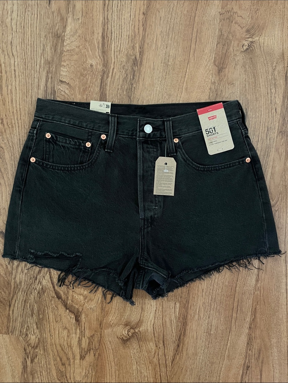 NWT Levi’s 501 Black Destructed Denim Shorts NEW